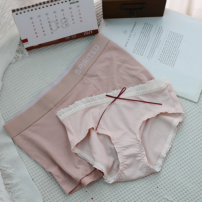 Sweet ~ Day Series Pink Couple Pants Sexy Cute Striped Lace Lace Men's Four Corners Women Triangle Pants Cotton