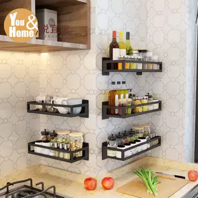 Black stainless steel kitchen rack non-perforated wall-mounted oil salt sauce vinegar seasoning household seasoning storage shelf