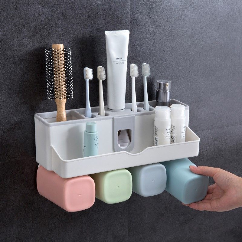 Punch-free toothbrush holder mouthwash cup wash set automatically squeeze toothpaste device wall hanging toothbrush shelf