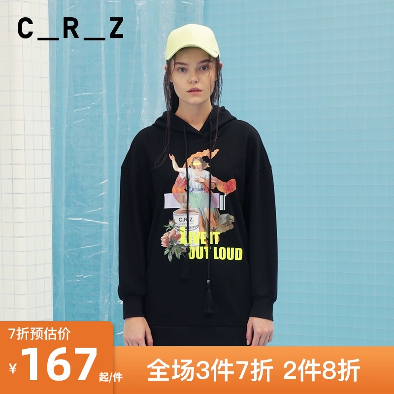 Chính hãng CRZ thương hiệu thời trang nữ mùa xuân mới cá tính có mũ trùm đầu cổ tay áo gân in tinh tế đầm thời trang - váy đầm