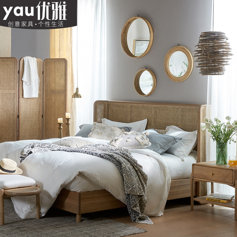 Nordic simple rattan choreography solid wood creative design double master bedroom with light lavish internet red folk sleeping modern bedroom shelf