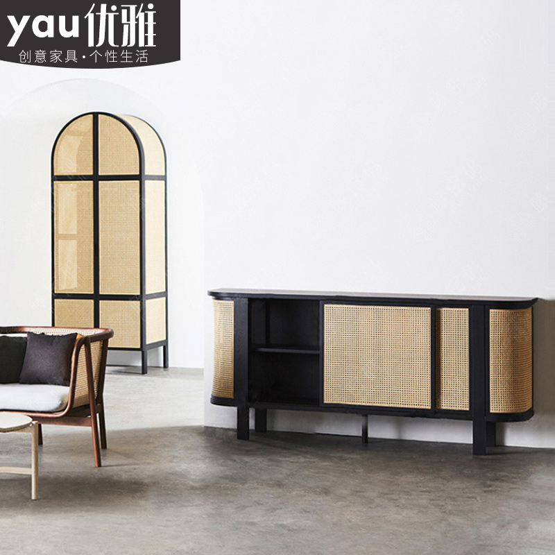 Nordic rattan dining cabinet Jane European retro hollow storage cabinet French creative TV cabinet homestay rattan furniture