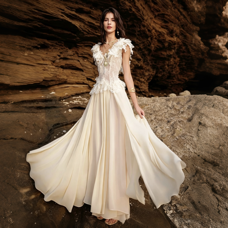 Unique Lace Ruffle Backless Slimming Dress, Nanyou Gown, Goddess-Style Dress for Wealthy Heiresses, Socialites, and Fairies, Long Dress