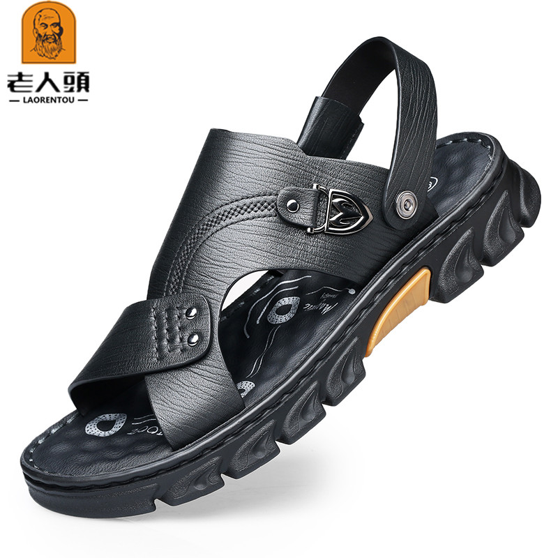 Summer sandals Male genuine leather old man's head thick bottom soft-bottom casual breathable black brown middle-aged men's beach shoes