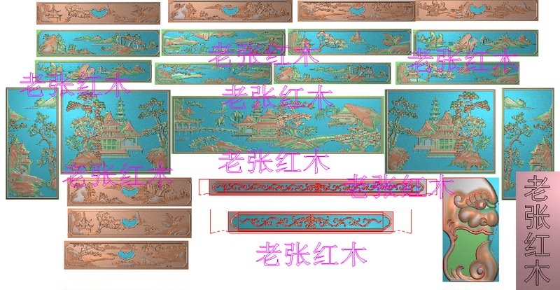 Carving Designs of Landscapes, Finely Carved Designs for Writing Desks, Drawer Surrounds, Front Panels, Office Desks, Landscape and House Relief Designs