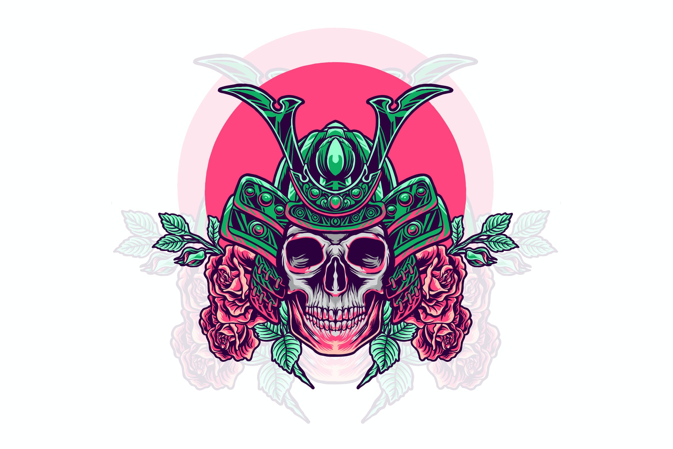 玫瑰骷髅武士头骨插画 skull samurai with rose illustration