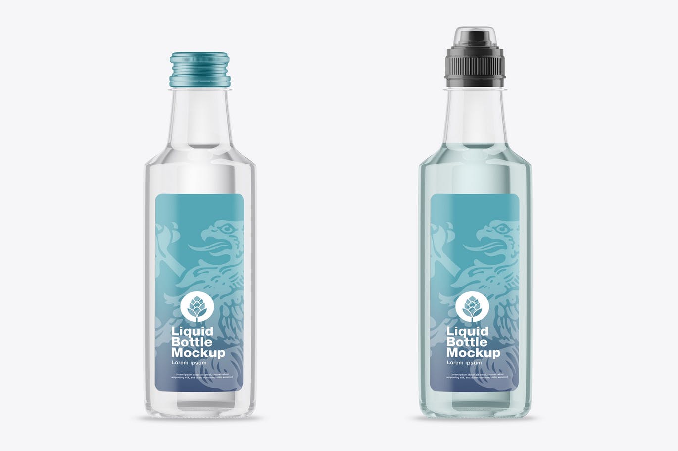 液体瓶包装设计样机素材 Liquid Bottle with 5 Caps Mockup