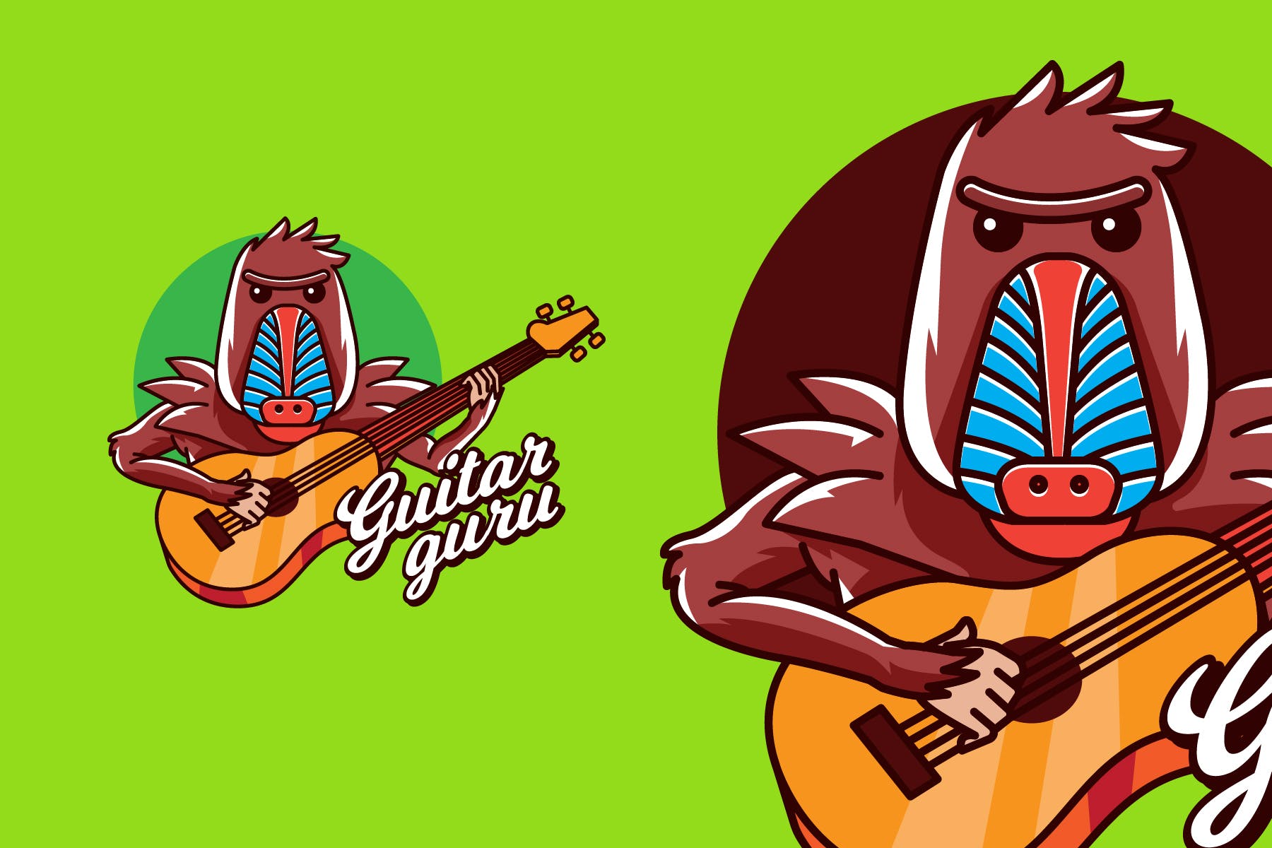 吉他大师卡通形象音乐培训品牌Logo设计模板 GUITAR GURU – Mascot & Esport Logo