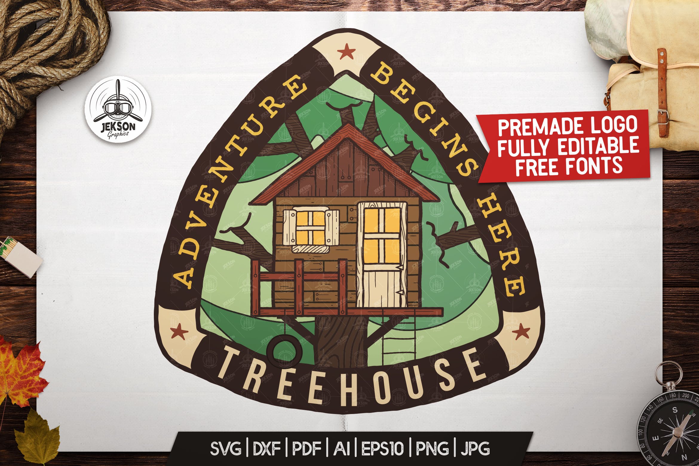 树屋徽章/复古露营Logo标志设计模板 Tree House Badge / Vintage Camping Logo Patch SVG