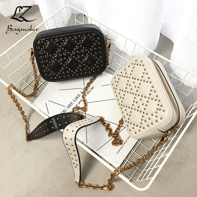 【LZ】复古菱格铆钉链条小方包羊皮真皮女包斜跨小包包简约四季包