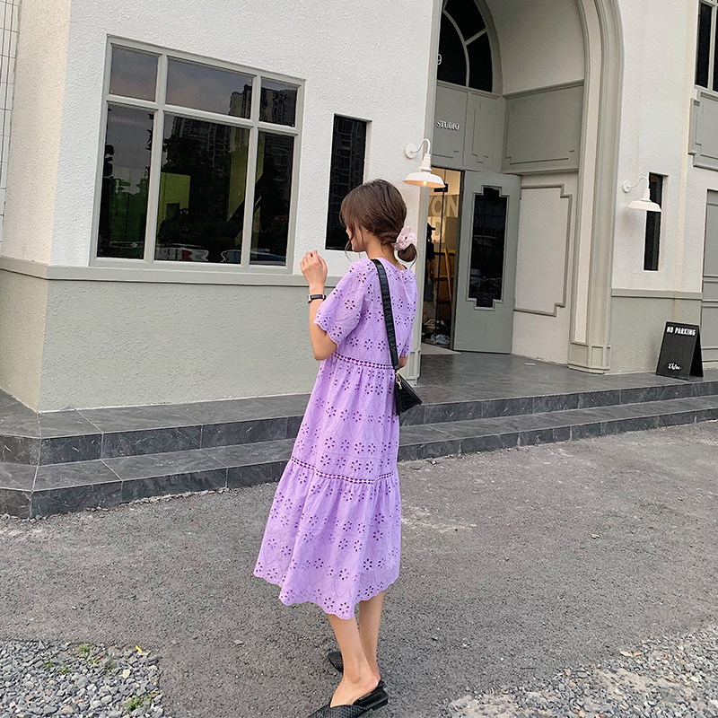 Purple Ocean Dress Women's Summer 2020 New Round Collar Hollowed-out Lace Lace Dress With Slim Super Fairy long dress