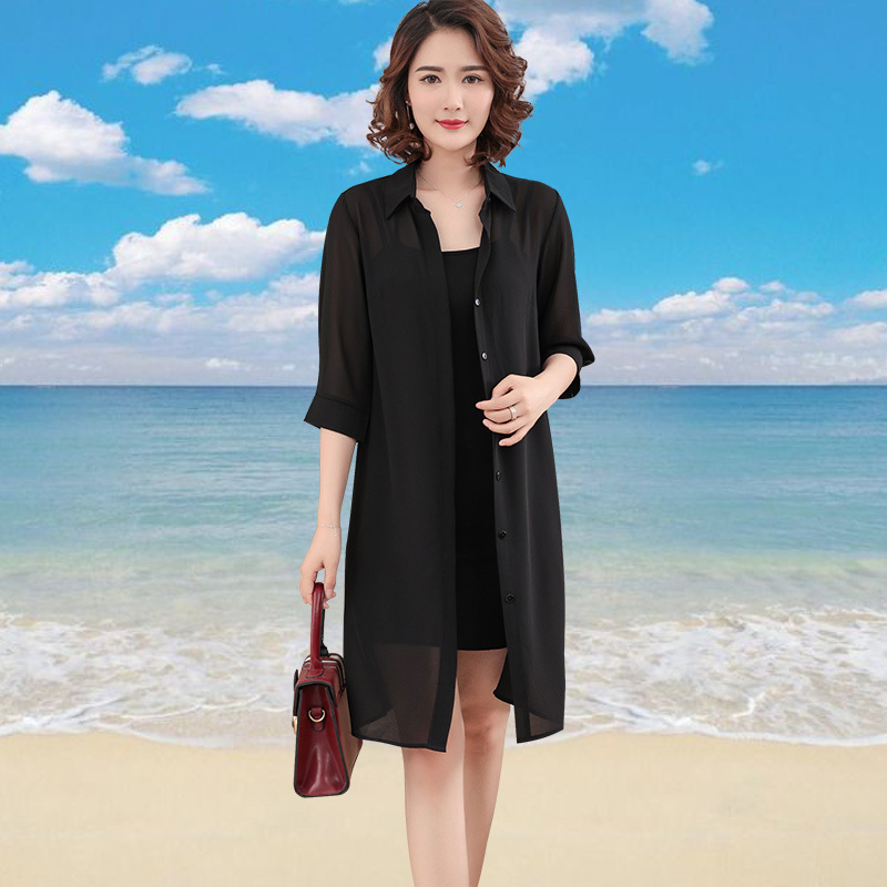 Chiffon Shirt for Women, Mid-Length, Cardigan, Shawl, Summer Thin Style, Mid-Sleeve Sun Protection Clothing, Large Size Shirt, Air-Conditioning Shirt, Jacket