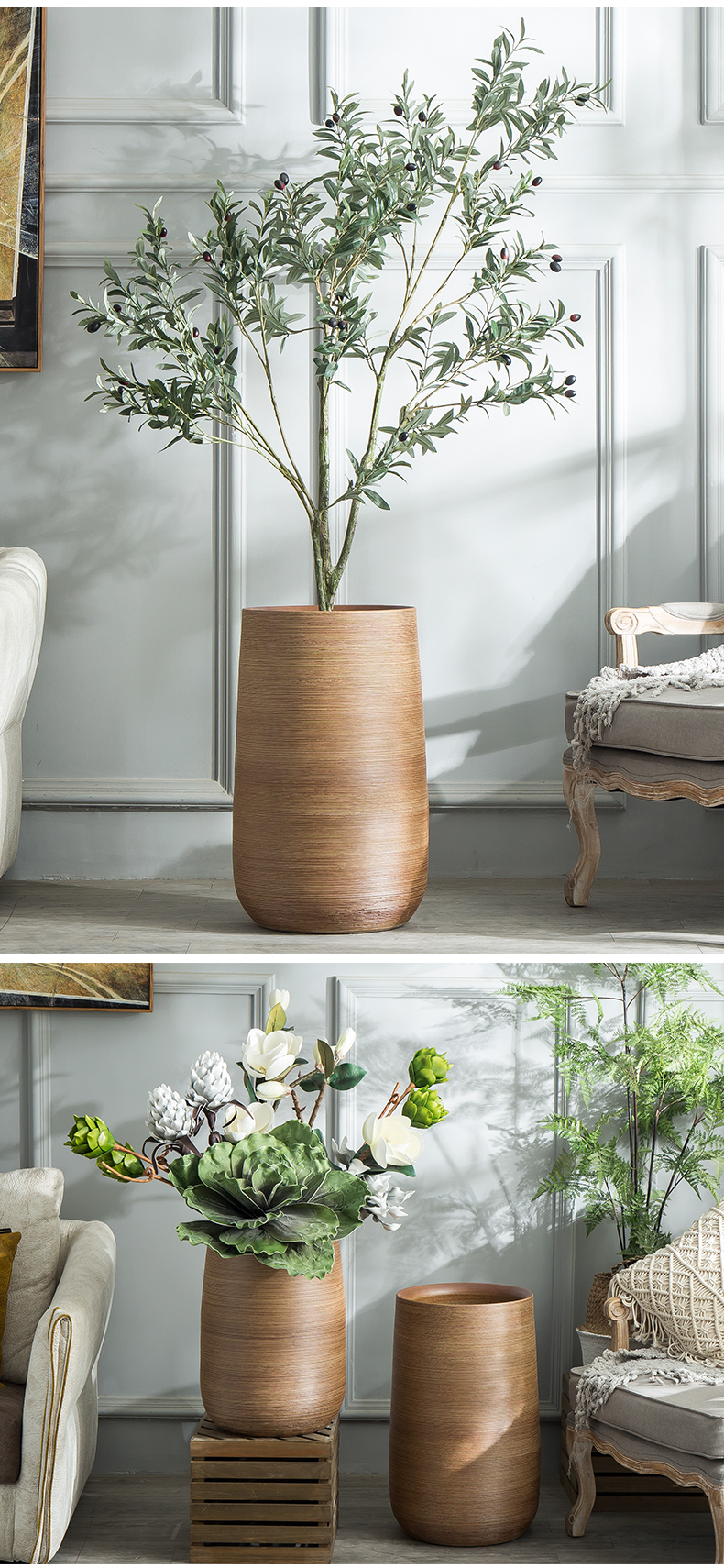 Decoration to the hotel villa large vase furnishing articles sitting room ground flower arranging the Nordic creative green plant ceramic flower pot cylinder