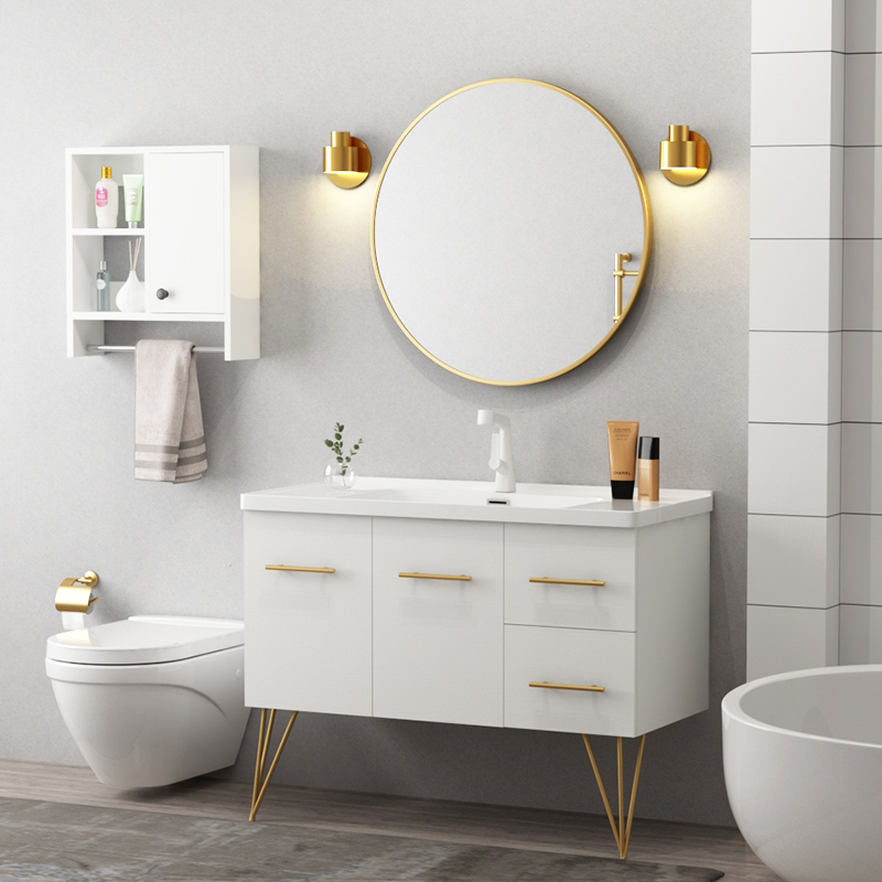 White Nordic round mirror bathroom cabinet combination sink wash face 100cm 80 small apartment bathroom washstand