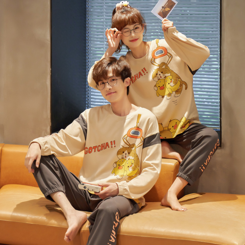 Autumn pajamas women's 2021 new couple suits cotton men's long-sleeved pullover cute Korean version home spring and autumn models