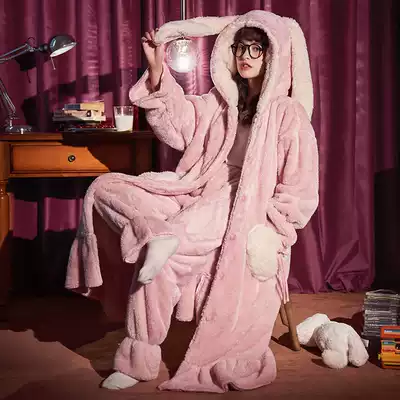 2020 autumn and winter thick warm coral fleece dressing gown female flannel two-piece set dressing robe bathrobe home clothes