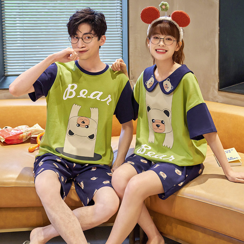 Couple Sleepwear Women Summer Pure Cotton Short Sleeve Cute Cartoon Summer Men's Home Clothing Full Cotton Thin two-piece suit