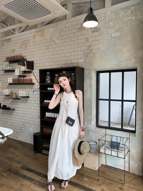 Aaaaxbbb Greenland Sage Two-Tone Off-Shoulder Sleeveless Round Neck Casual Long Dress That Makes You Look Taller and Slimmer