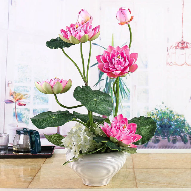 Simulation Lotus Lotus For Buddha Set Lotus Leaf Water Lily Fake Flower Potted Decoration Small Pot Floral High End Decoration Bonsai