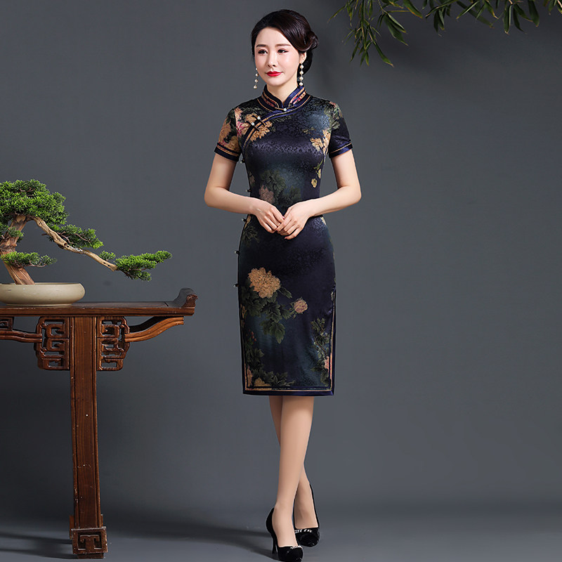 High-end Chinese-style national style fragrant cloud gauze cheongsam summer new fashion temperament female broad lady noble silk dress