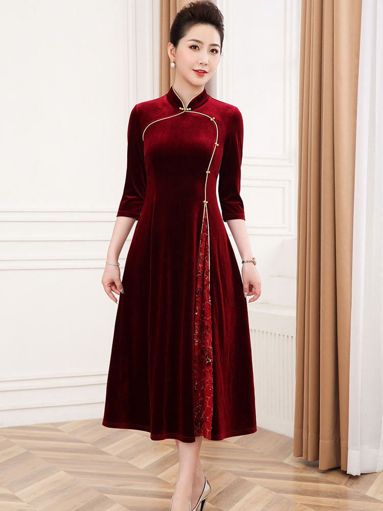 Mother's wedding dress noble improved gold velvet cheongsam spring foreign style mother-in-law to participate in the wedding belly-covering dress