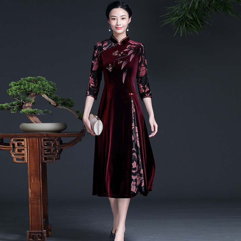 Mom's wedding dress noble big size belly cover dress 2022 new style happy mother-in-law autumn dress improved cheongsam