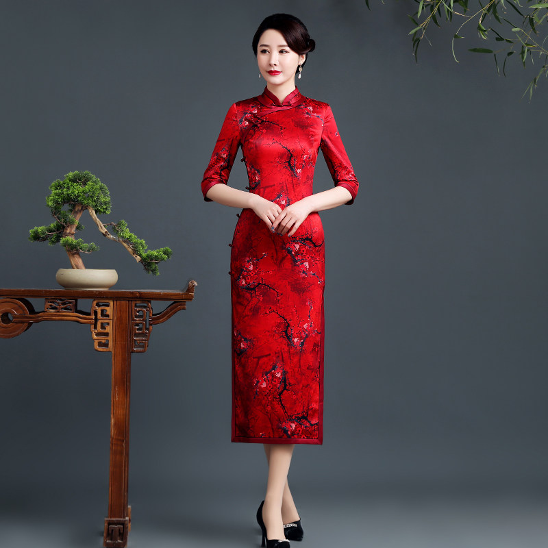 Red high - end flagrobe 2022 spring and autumn new fix slim wedding mom dress noble improved dress