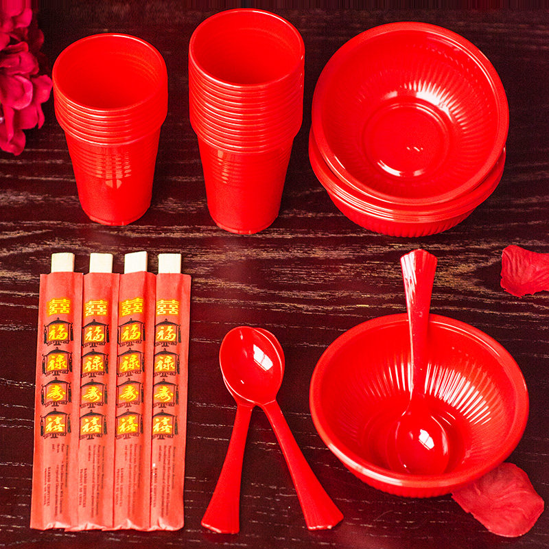 Mother's family wedding banquet disposable bowls and chopsticks men's and women's wedding table plastic happy bowl supplies props Daquan