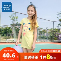 Jenweiss girls dress summer childrens sweet round neck print short sleeve cotton casual skirt