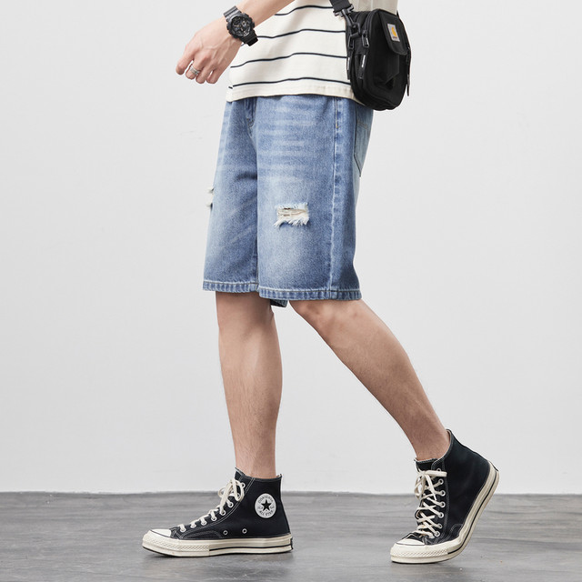 KR Jeanswest ຄົນອັບເດດ: ຜູ້ຊາຍ ripped denim ສັ້ນ 2024 summer ແບບໃຫມ່ວ່າງຂາກົງຫ້າໄຕມາດ pants trendy ຜູ້ຊາຍ