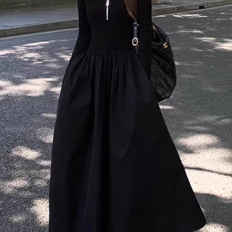French Hepburn Style Black Long-Sleeved Dress for Women, Early Autumn 2024 New Style, High-End, Sexy, Slimming Long Dress