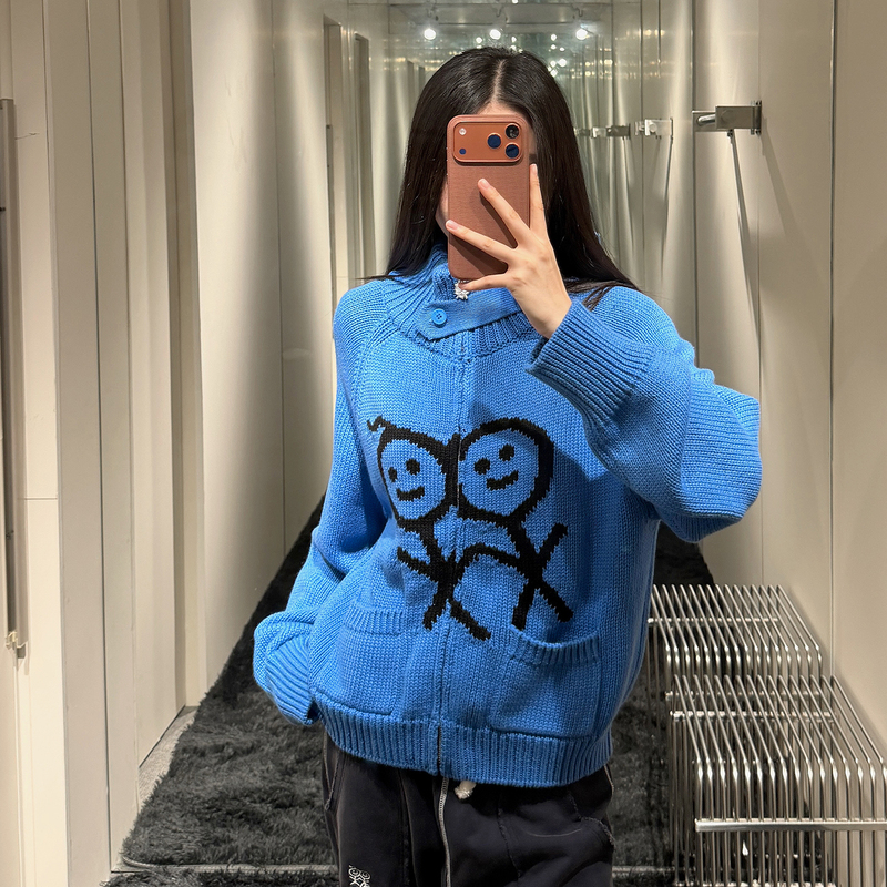 Halfmood Autumn and Winter New Stickman Series Niche Design Stand-Up Collar Loose Knitted Cardigan Sweater Jacket