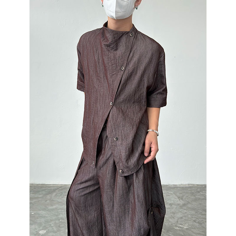 Bkyc Design-Inspired Asymmetrical Placket and Drop Collar Short-Sleeve Shirt, Japanese Retro Summer Unisex Style Shirt Trend Bkyc Design-Inspired Asymmetrical Placket and Drop Collar Short-Sleeve Shirt, Japanese Retro Summer Unisex Style Shirt Trend