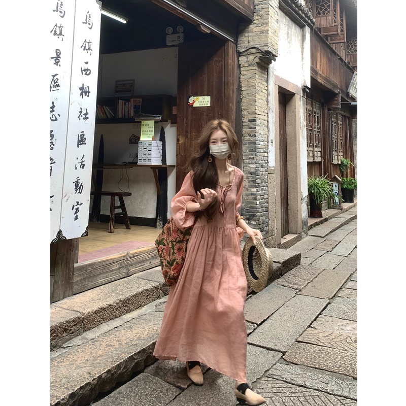 Xxiiuu【Peach Smoke Jiangnan】New Chinese-Style V-Neck Tie-Up Ramie Mid-Sleeve Long Dress for Women, Summer Elegant Dress