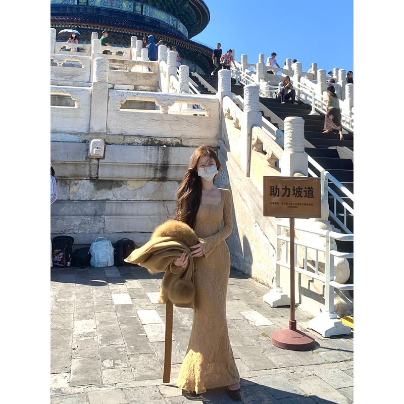 Xxiiuu【Palace Glazed Ceramics】Square Neck Long Sleeve Lace Dress Women's Slim Fit Waist-Cinching Mermaid Dress Gentle Long Dress Xxiiuu【Palace Glazed Ceramics】Square Neck Long Sleeve Lace Dress Women's Slim Fit Waist-Cinching Mermaid Dress Gentle Long Dress