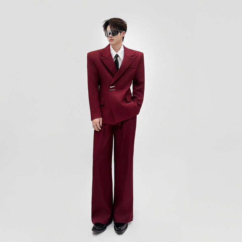 New Trendy High-End Red Blazer for Men, Loose Fit, Casual, Light Luxury, Shoulder-Padded Suit Set