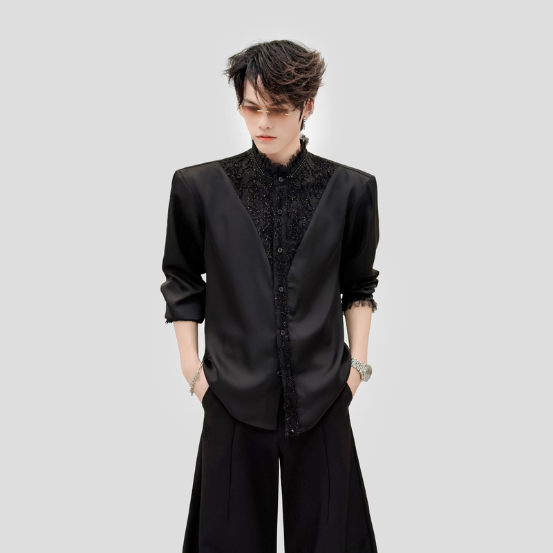 High-End Lace Patchwork Stand-Up Collar Shirt for Men, Korean Style, Sophisticated Casual Shoulder-Padded Long-Sleeve Shirt