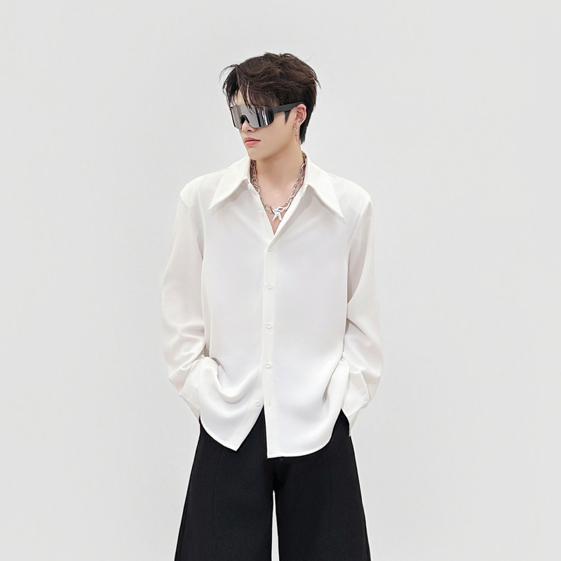High-End/High-Quality White Shirt with a Large Pointed Collar for Men, with a Draping Effect, Wrinkle-Resistant, No-Iron, Long-Sleeved Shirt with Shoulder Pads High-End/High-Quality White Shirt with a Large Pointed Collar for Men, with a Draping Effect, Wrinkle-Resistant, No-Iron, Long-Sleeved Shirt with Shoulder Pads