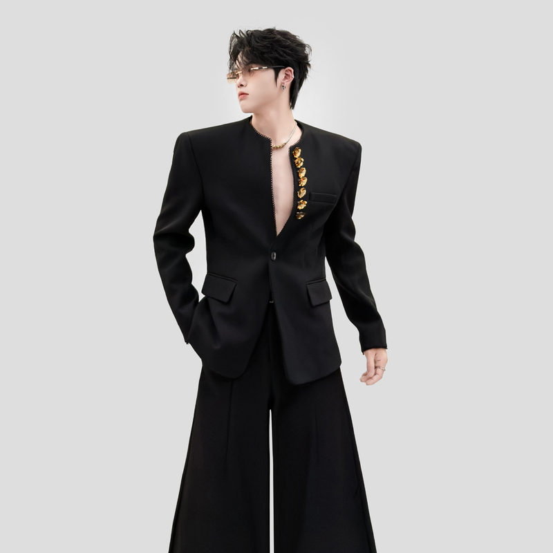 Trendy/Unique Design Gold Flower Embellished Collarless Blazer for Men, Black Waist-Cinching Padded Shoulder Suit