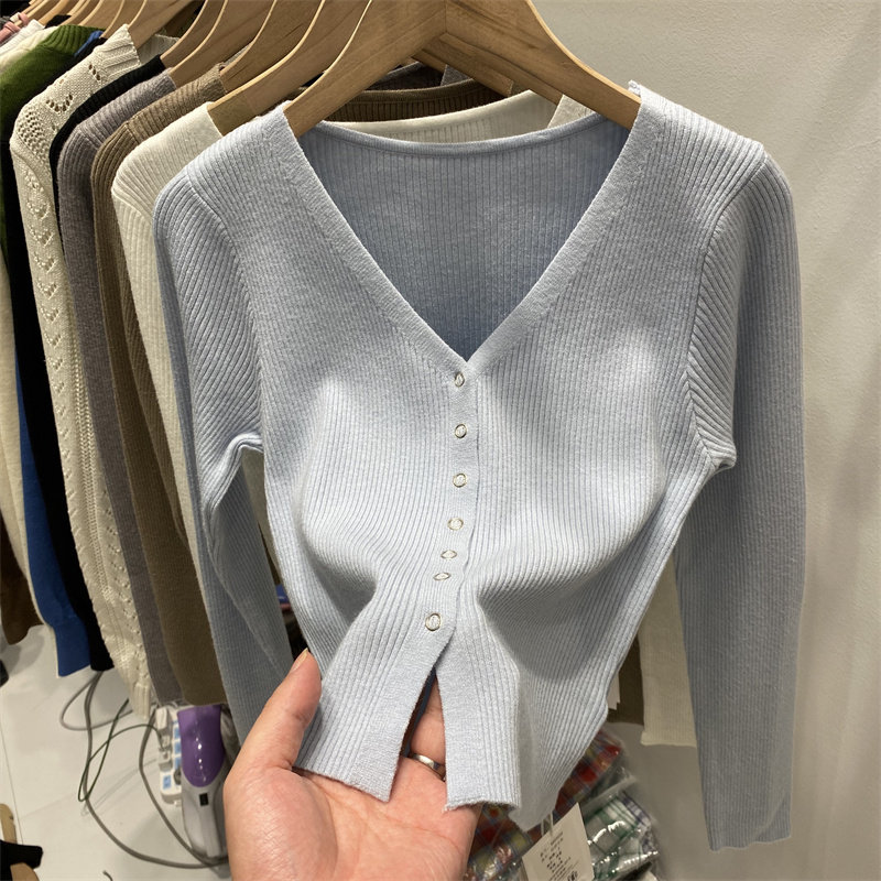 2022 spring and autumn women's new V-neck short high-waist tight-fitting knitted sweater cardigan outside with sweater
