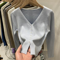 2022 Spring and autumn womens dress new V collar short of high waist tight knit cardiovert hoodie jacket foreign air blouses