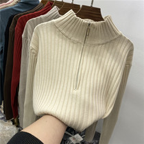 Semi-high collar zipper design sense of fashion pit sweater womens 2020 autumn and winter new inner knitted base shirt top