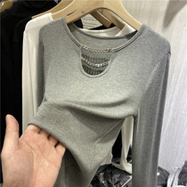 European goods hollow chain open chest thread long-sleeved T-shirt womens 2021 spring new inner tie base shirt Western-style top