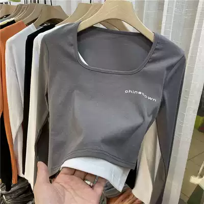 2021 Spring and Autumn New High waist short square collar collarbone fake Two T-shirt women design sense open navel tide tide