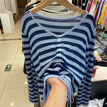 Eurodesign Sense Pumping Rope V Collar Loose Stripe Long Sleeve T-shirt Woman 2021 Early autumn new thin knit hood blouse