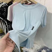 European design sense split fold fold thread short sleeve t-shirt women 2021 summer new asymmetric small shirt top ins tide