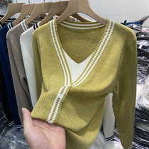 2021 Spring and autumn clothes new fake two sets V neckline cardiovert blouse women long sleeve foreign air to wear soft glutinous sweater damp