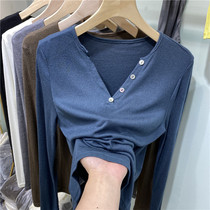European V-collar design sense thin inner tie knitted bottoming shirt Womens 2021 Spring and Autumn new long sleeve T-shirt tide tide