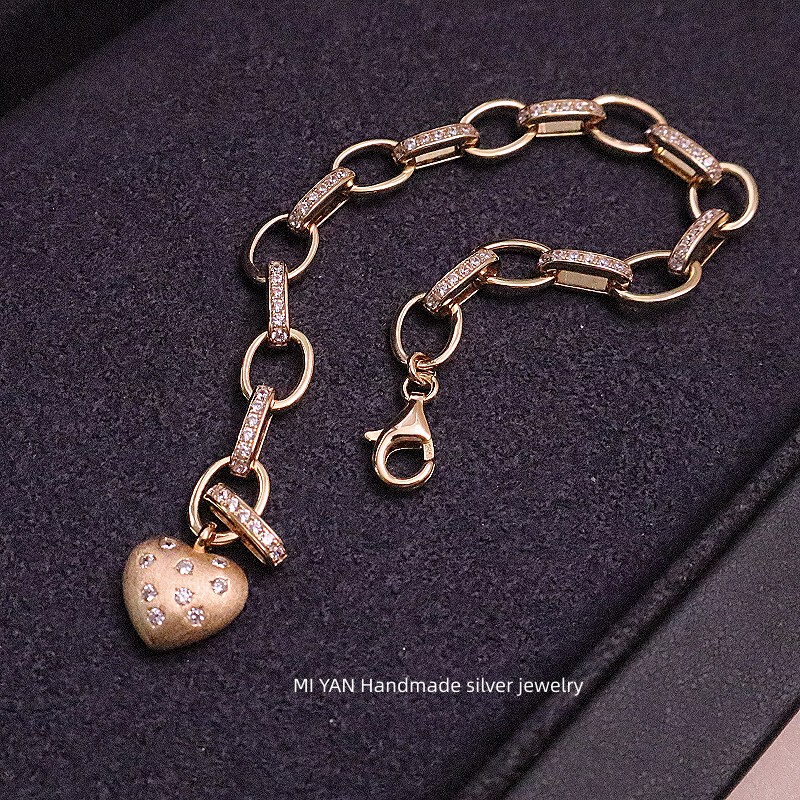 Secret Heart Chain Bracelet Italian Handmade Brushed Exquisite Diamond-Encrusted Light Luxury High-End 925 Silver Bracelet for Women