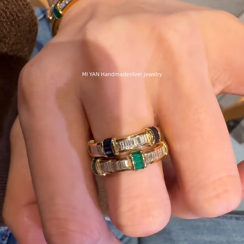 Secretly Woven Gemstone Ring, Sugar Cube Emerald, Sapphire, 925 Silver, Gold-Plated, Light Luxury, Niche, High-End Ring